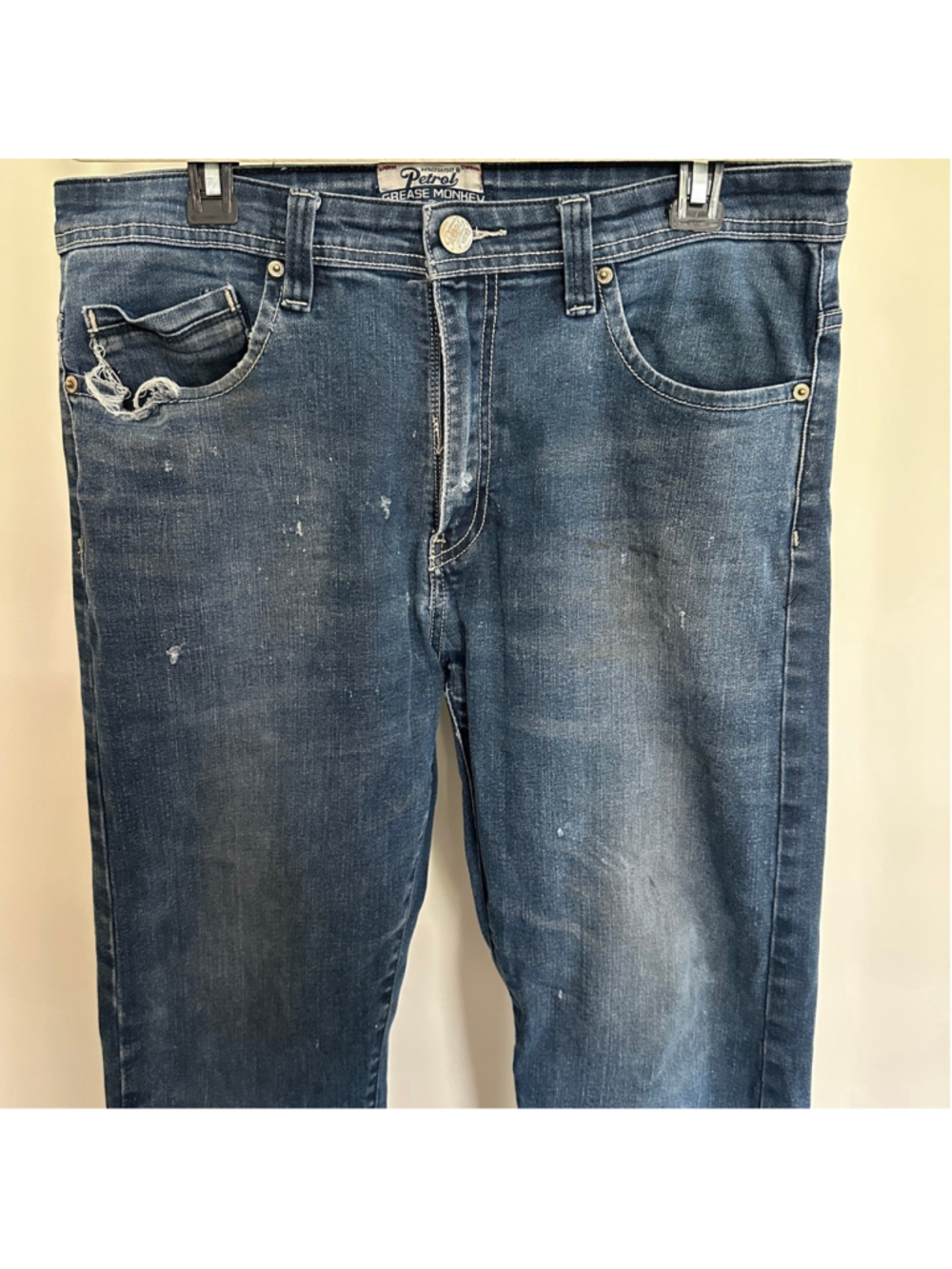 VTG Men's Petrol Grease Monkey Slim Straight Distressed Jeans Size 34 Blue Denim